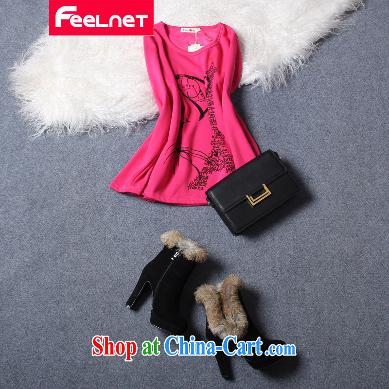 Clearance feelnet XL girls and obesity mm sister winter clothes new, long T pension the lint-free cloth solid shirt 632 the red XL - 40