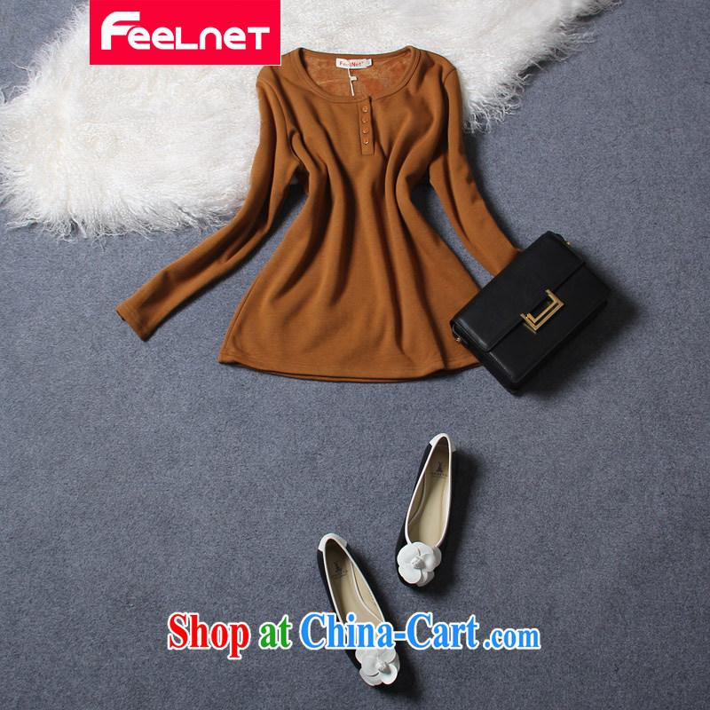 Clearance feelnet the Code women fall_winter clothes thick mm thick sister and indeed long-sleeved shirt T thicken the lint-free cloth solid T-shirt 639 brown XL - 40