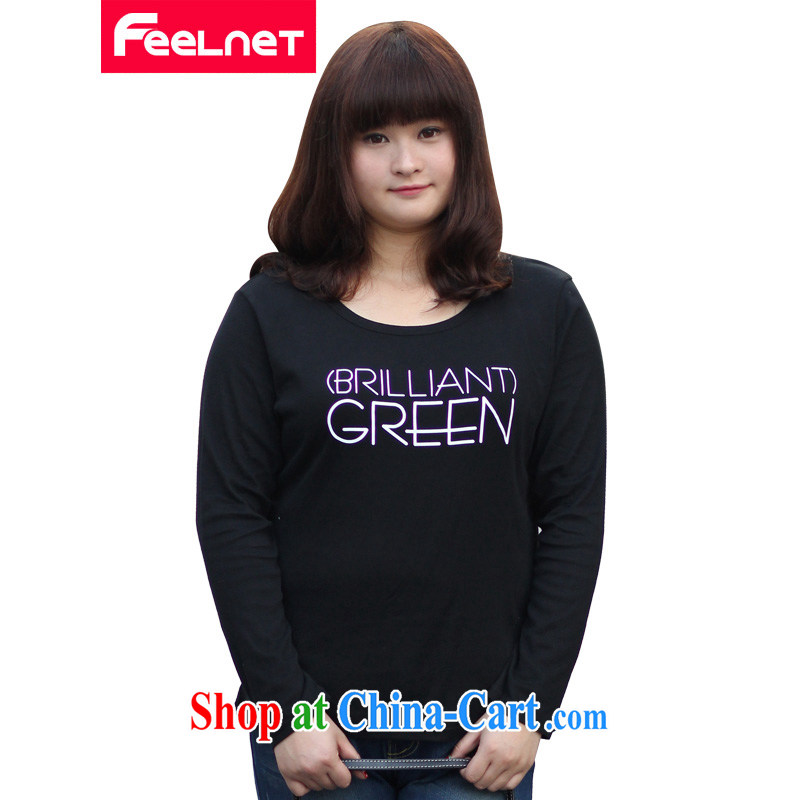 feelnet 2015 spring new XL Korean Version Stamp female sweater thick sister the code long-sleeved loose solid T-shirt T-shirt 637 black XL - 40