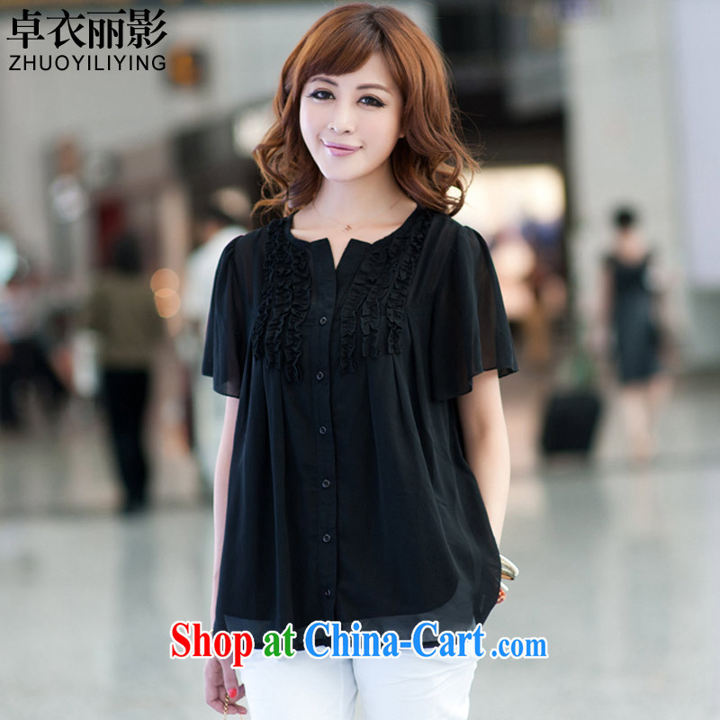 Cheuk-yan Yi Lai film 2015 summer new, larger female black fungus edge solid color shirt double the meat halfway short-sleeved snow woven shirts M 927 black 3 XL