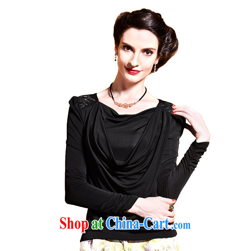 If the United States Spring and Autumn and new solid shirt V collar long-sleeved female T pension Europe bubble cuff large code 08,245 black XXXL code, if the United States (Nomi), online shopping