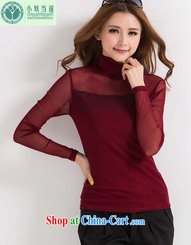 The Monster reigns supreme 2015 spring new Korean version the code female hot drill Web yarn stylish T T long-sleeved shirt dark red XXXXL