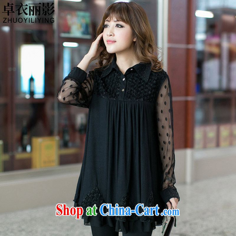 Cheuk-yan Yi Lai film 2015 spring is the new roll collar long-sleeved loose video thin shirt thick mm video thin lace shirt M 2301 photo color 5 XL for weight 180 - 200