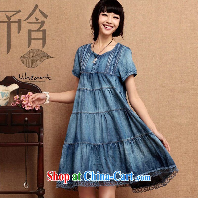 To include the original short-sleeved cowboy graphics thin A field as well as the stitching retro cake skirt thick sister large code denim dress denim dress, long, round-collar short-sleeve dress the code_L