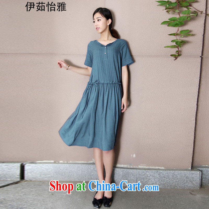 The Ju-Yee Nga summer thick MM larger women retro loose, long cotton mA short-sleeved dresses YQ 9086 denim blue XXL