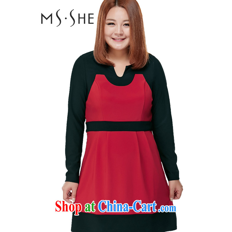 MSSHE XL girls spring dresses thick sister hit Europe and color the long-sleeved dresses the waist graphics thin clearance 5512 Fire Red 3 XL