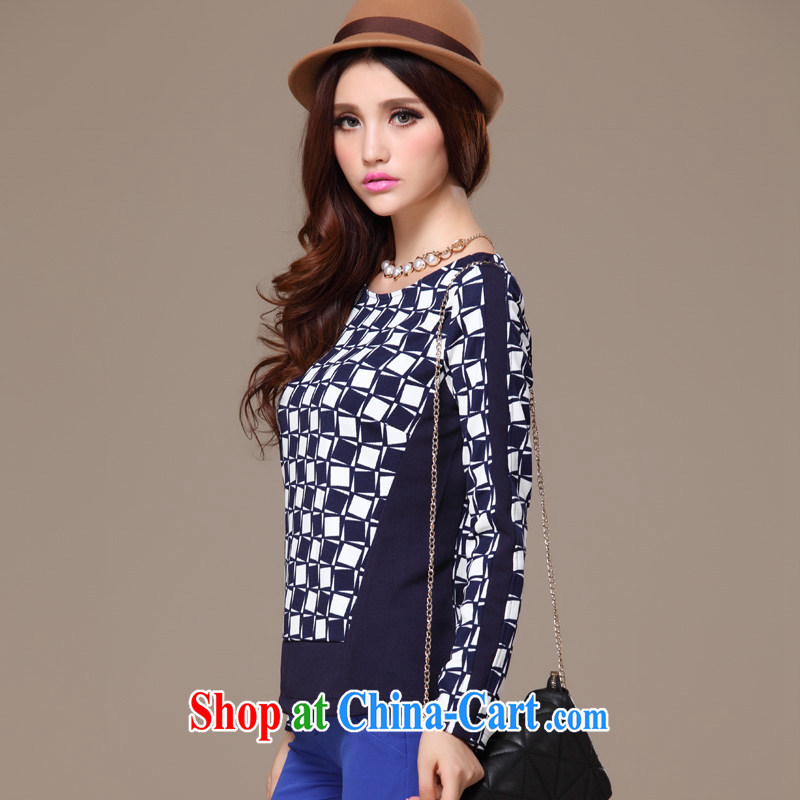 cheer for 2014 XL girls with thick MM fall and winter new grid thick sister graphics thin large long-sleeved shirt T the number 1911 blue XL, cross-sectoral, the Code women, shopping on the Internet
