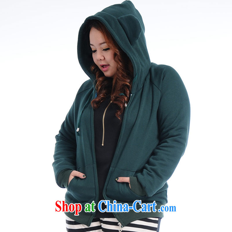 Hi Princess slave Korean female with large numbers and indeed intensify thick MM cute rabbit ears cap sweater woolen sweater long-sleeved shirt T jacket green 3 XL_200 Jack left and right