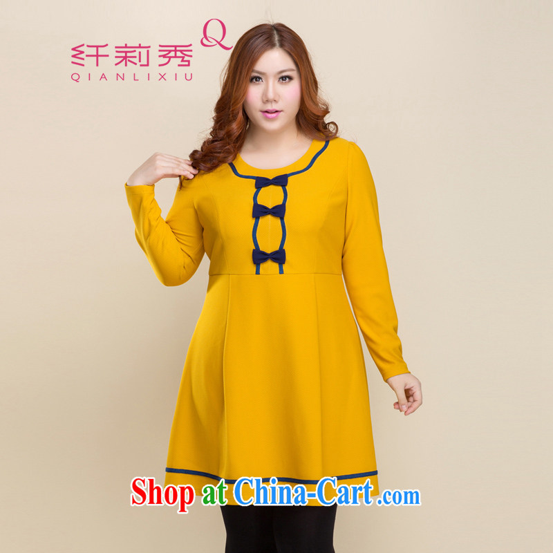 Slim LI Sau 2014 autumn and winter new larger female decoration, graphics thin bow-tie-neck long-sleeved dresses Q 3277 yellow XXXL