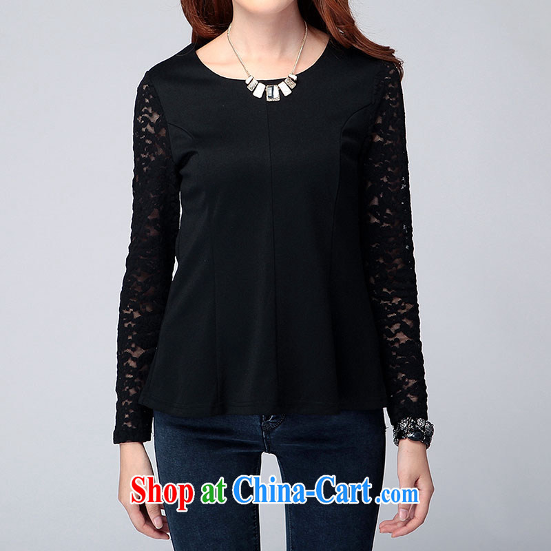 Mephidross has long honey, and indeed increase, female autumn and the new graphics thin lace round-collar long-sleeved shirt T solid T-shirt 6134 black XXXXL Mephitic economy Honey (MENTIMISI), online shopping