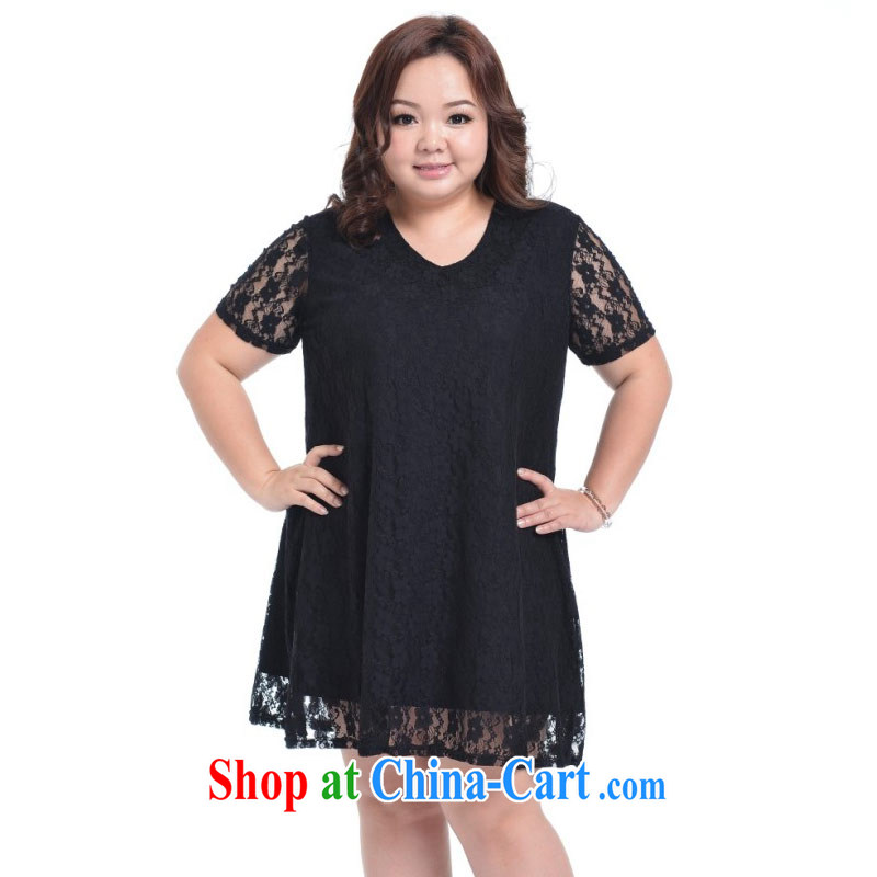 Hi Princess Won slavery and indeed increase, female short sleeve lace large relaxed dress skirt solid A 5479 black 2 XL_165 Jack left and right