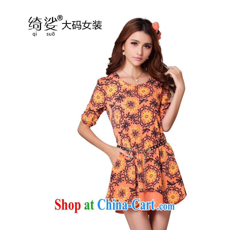 cheer for the code's ultra-Chan Fat MM New floral thick sister graphics thin large number 7 sub-sleeved dresses Item No. 1985 orange 2 XL
