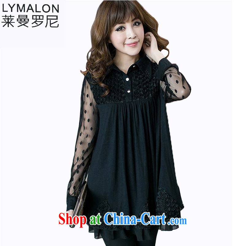 Lehman Ronnie lymalon fat people graphics thin spring 2015 new Korean version stylish large code female lapel long-sleeved snow woven shirts T-shirt 2301 black 5 XL