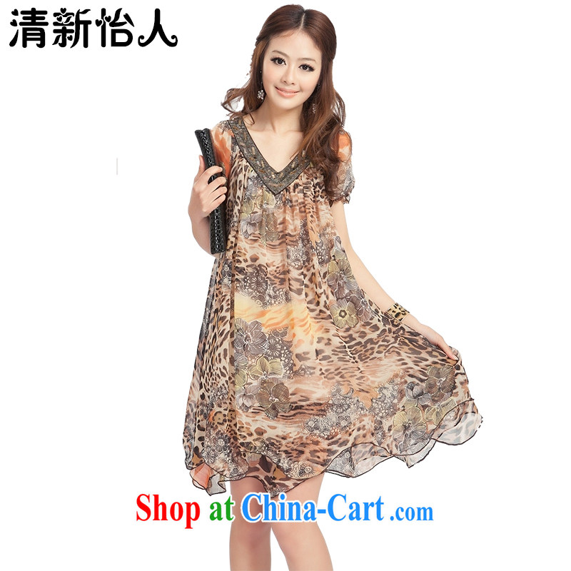 Refreshing 2015 Korean version of the greater code female snow woven large code for Pearl V-neck short-sleeve thick MM dress XL loose video thin classic multi-colored new flower Leopard 3XL, refreshing, and shopping on the Internet