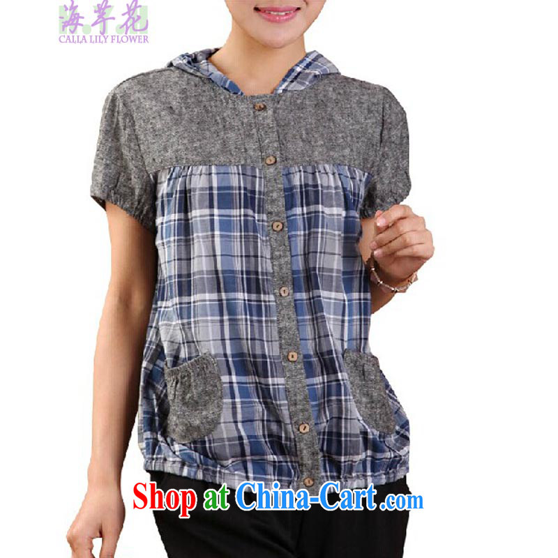 The line spend a lot, women summer new Korean video thin thick mm cotton cap grid stamp stitching loose shirt FS 4 02 cowboy blue patterned 3XL