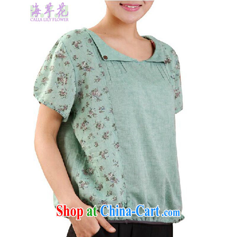 The line takes the Code women summer new Korean video thin thick mm stitching small floral cotton loose shirt FS 4 026 green beans 4 XL