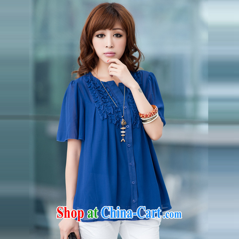 Ms. Cecilia Clinton's large, female 2015 mm thick summer is the Korean version snow woven cardigan fungus edge butterfly cuff short sleeves shirt graphics thin blue 4 XL