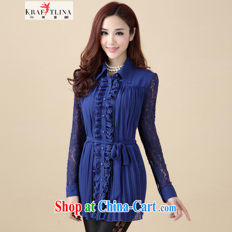 The proscribed Lin, the Code women 2014 spring and summer New Beauty video thin thick mm long-sleeved black fungus edge lace 100 hem snow woven shirts dress blue 4 XL