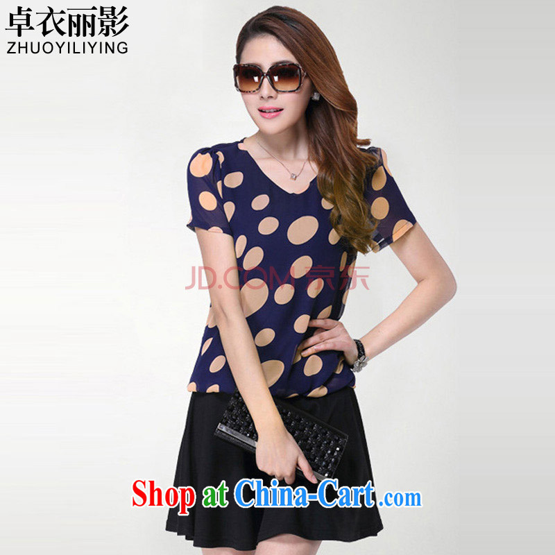Mr Cheuk Yi Lai shadow summer new dot V for snow woven stitching short-sleeved dresses, with graphics thin fat people skirt M 3107 photo color 5 XL