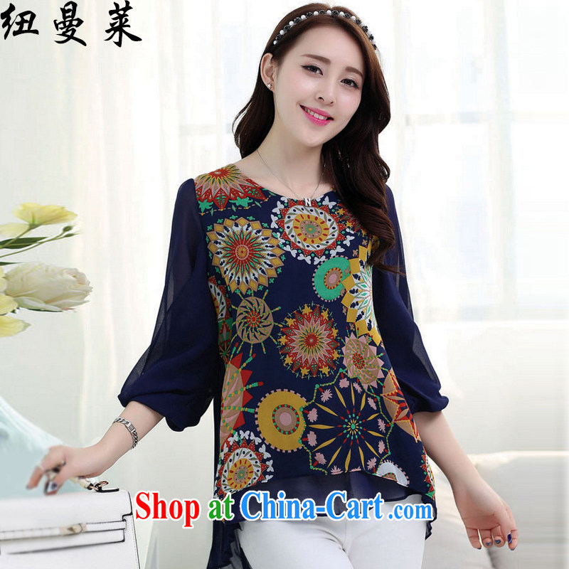 Newman, summer 2015 new, larger female loose video thin large, thick mm stamp short-sleeved snow woven shirts NM 8822 dark blue XL