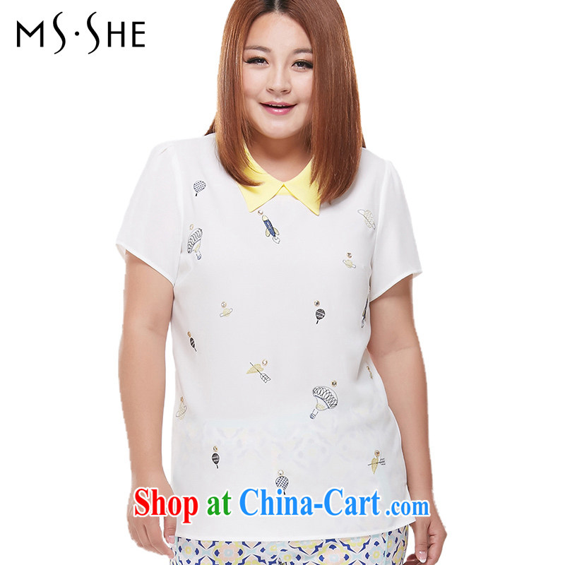 MSSHE XL ladies' short-sleeve shirt stitching snow woven shirts T-shirt specials 6650 white 4XL