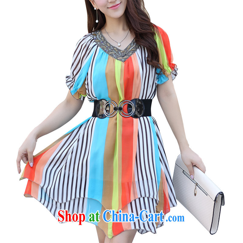 sea routes take new V collar color streaks the code dress snow woven skirt Korean version of the greater code dress dress mm thick dresses and indeed intensify HVX 6 orange stripes 3XL, sea routes, and shopping on the Internet