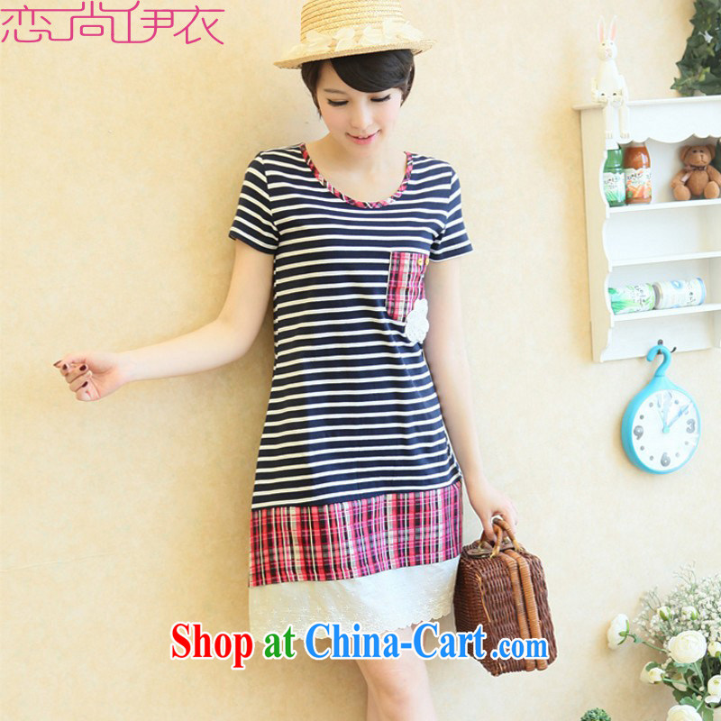 The package mail and indeed XL summer new sweet stripes stitching grid lace Dress Casual College wind round-collar short-sleeve dress mm thick black-and-white skirt 3 XL 175 - 185 jack, land is the clothing, shopping on the Internet