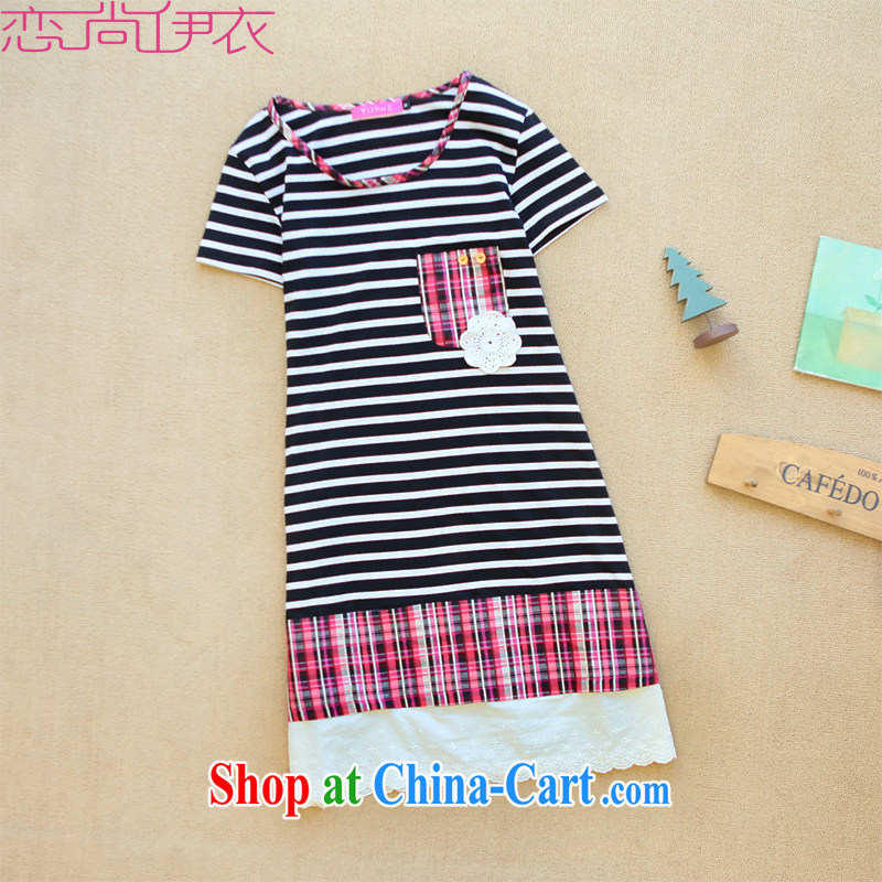 The package mail and indeed XL summer new sweet stripes stitching grid lace Dress Casual College wind round-collar short-sleeve dress mm thick black-and-white skirt 3 XL 175 - 185 jack, land is the clothing, shopping on the Internet