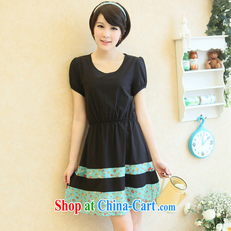 The e-mail package is indeed the XL new 2015 Korean simple commuter high-collision small floral dress short-sleeved thick mm leisure skirt black 3 XL 175 - 185 jack