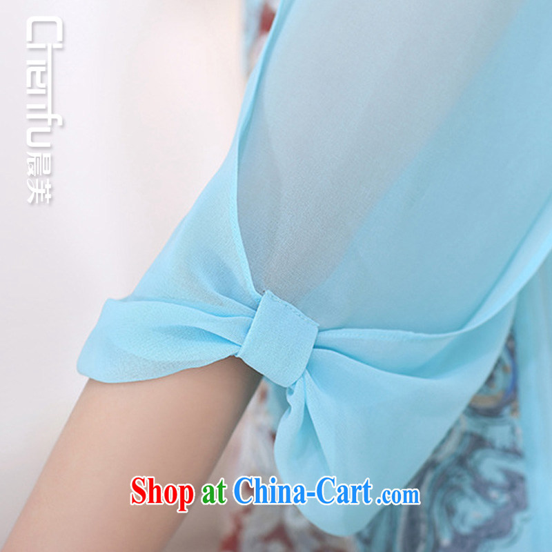 Morning would be spring 2015 new Korean version stylish snow-woven shirts large, female loose video thin 7 sub-cuff stamp snow woven shirts bowtie cuffs large code snow-woven blue 4 XL, morning, and shopping on the Internet