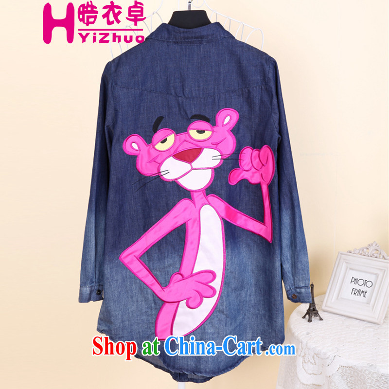 晧 Yi Cheuk-yan 2015 new female cowboy new behind pink Panther cartoon embroidery on the loose long denim shirt jacket female picture color L, 晧 Yi Cheuk-yan, shopping on the Internet