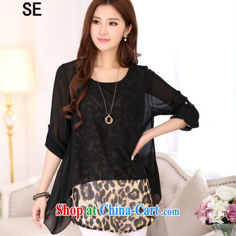 SE 2015 spring and summer new thick MM larger women stylish 100 ground loose Leopard snow woven shirts fake two piece black XXXL