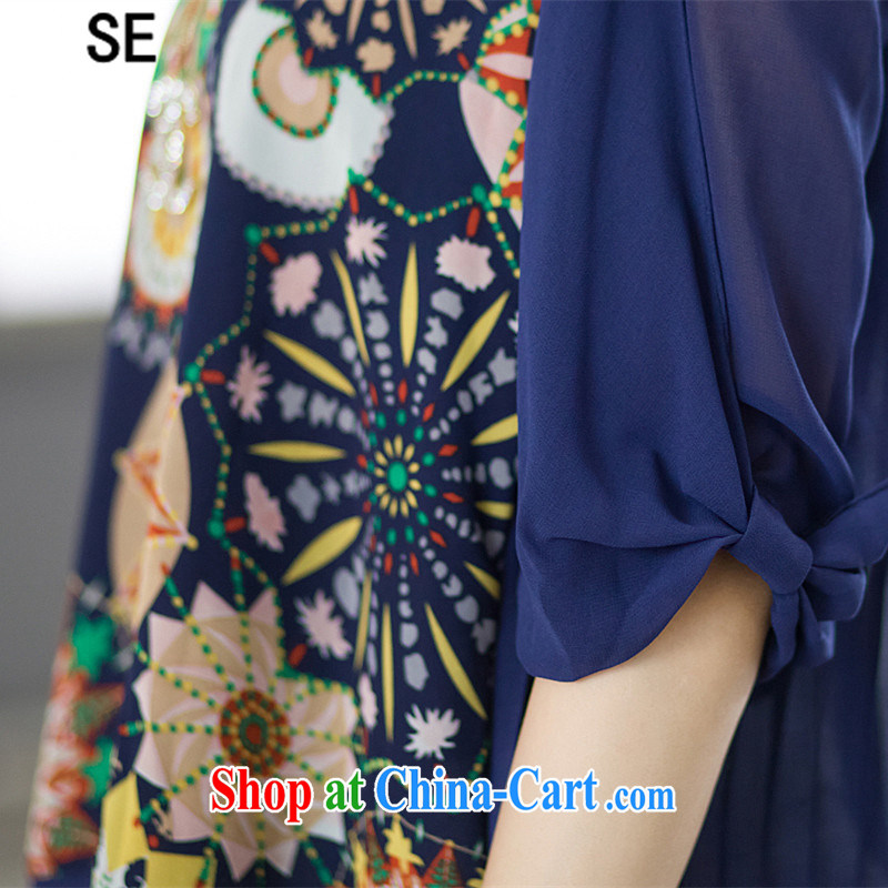 2015 SE new summer thick MM larger female Korean Version Stamp Duty cuff T shirt snow woven shirt blue XXXXL, SE, shopping on the Internet
