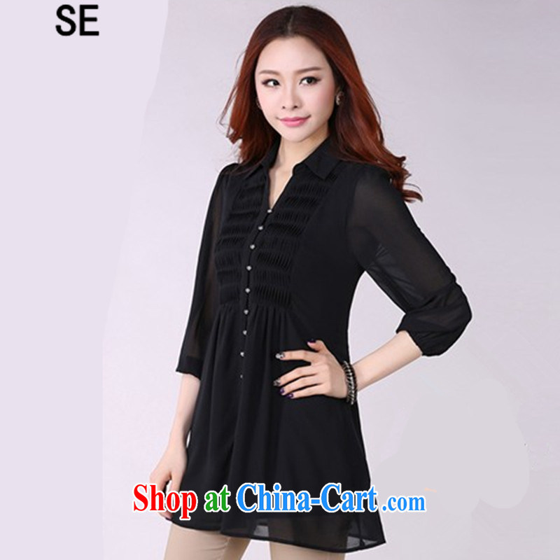 SE 2015 summer new thick MM larger female Korean female leisure 9 cuffs, long, snow-woven shirts black 5 XL, SE, shopping on the Internet