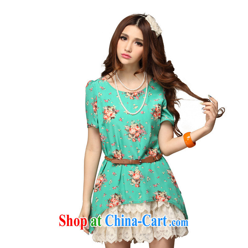 Cross-sectoral quality of larger women thick MM summer Korean OL fancy lace stitching graphics thin short-sleeve dress number 1702 green 4 XL, cross-sectoral, the Code women's clothing, and shopping on the Internet