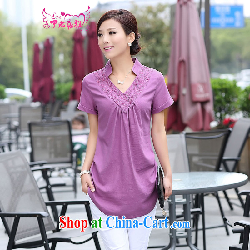 The Ju-Yee Nga larger female summer new Korean version thick MM the code style embroidered cotton mA short-sleeved shirt YY 9081 purple toner XXL