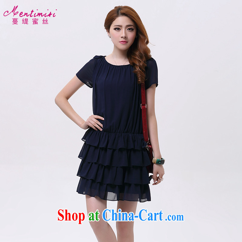 Mephidross economy honey, and indeed increase, women with thick mm summer new Korean short-sleeved snow woven dresses 2606 dark blue large code XL