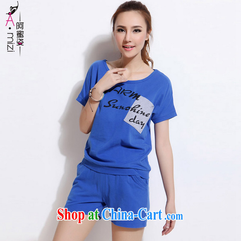 The honey and diverse summer new thick mm maximum code female letters loose short-sleeved T shirts shorts hot pants two-piece women 8532 blue XXL
