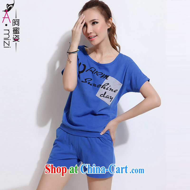 The honey and diverse summer new thick mm maximum code female letters loose short-sleeved T shirts shorts hot pants two-piece women 8532 blue XXL, honey, and, shopping on the Internet