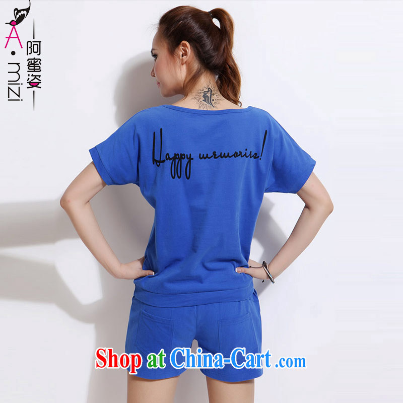 The honey and diverse summer new thick mm maximum code female letters loose short-sleeved T shirts shorts hot pants two-piece women 8532 blue XXL, honey, and, shopping on the Internet