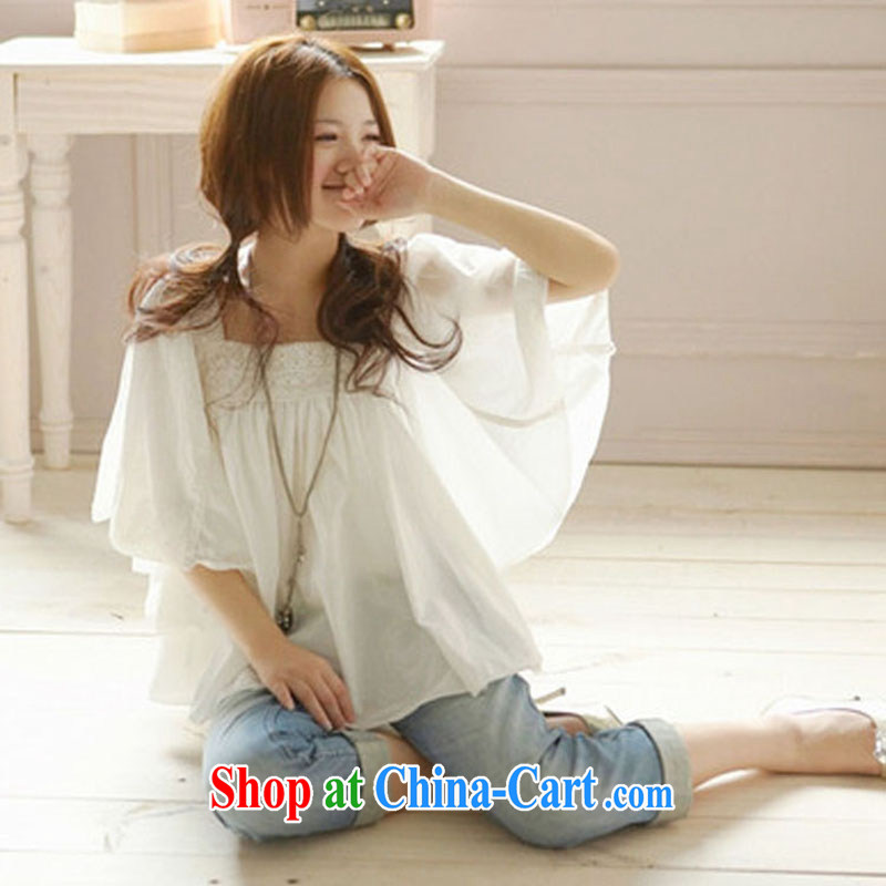 2015 Korean loose the code bat sleeves lace doll T-shirt bat T-shirt white snow woven shirts C 10,075 white M