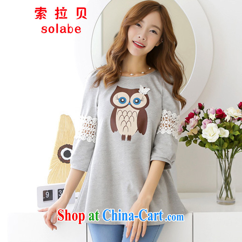 Solabe_the Addis Ababa 2015 spring new thick MM XL sweet 7 cuff T shirt owl stamp butterfly Openwork lace flower gray L