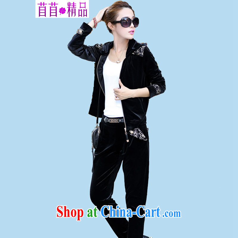   2014 Spring and Autumn gold velour two piece stylish cap zip cardigan sweater relaxed larger sport and leisure package black XXXL