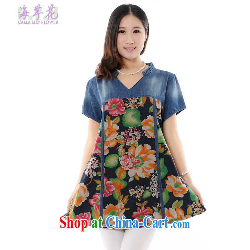 The line between a new Ethnic Wind large flower stamp larger dresses Korean version of the greater code dress summer dress mm thick dresses summer 4705 - E Black 4XL