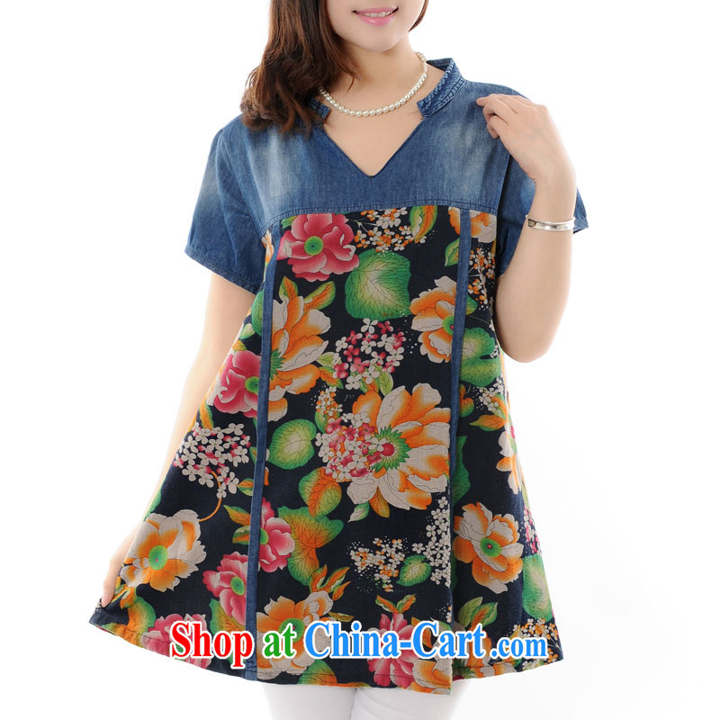 The line between a new, national, large flower stamp the code dress Korean version of the greater code dress summer dress mm thick dresses summer 4705 - E Black 4XL, sea routes, and on-line shopping