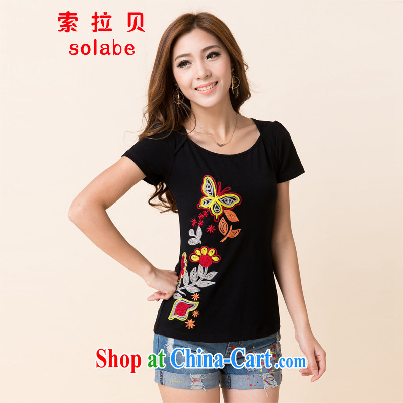 Solabe_the Addis Ababa 2015 mm thick summer Korean fashion ethnic embroidery beauty embroidered short sleeves shirt T 7537 black XL