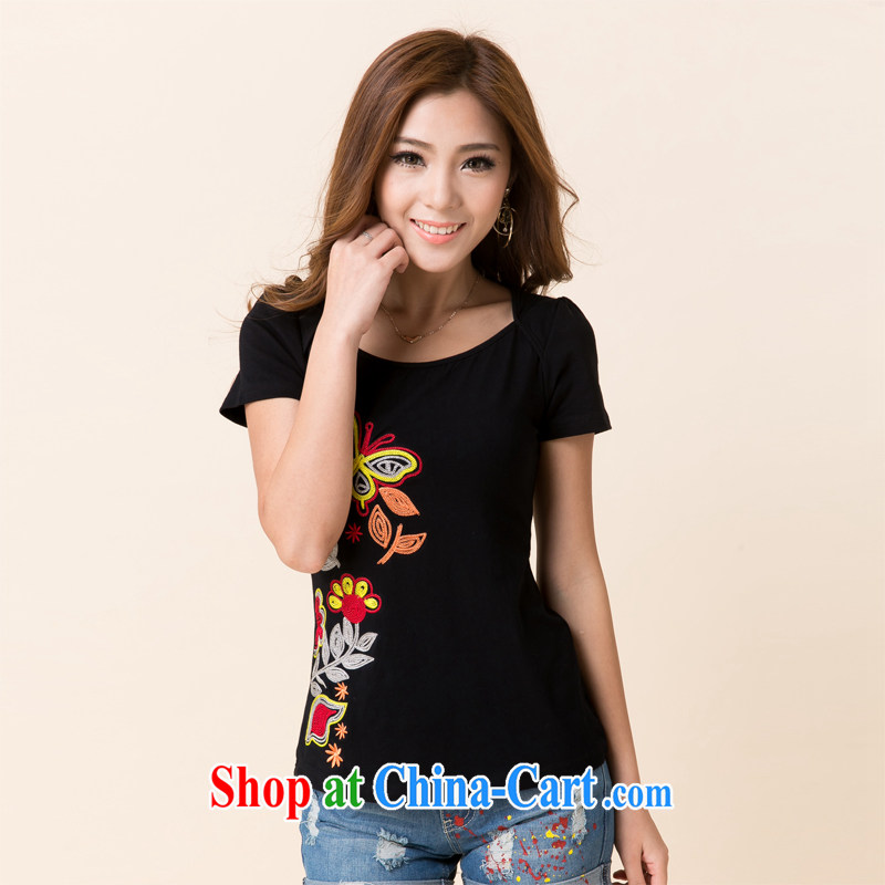 Solabe/the Addis Ababa 2015 mm thick summer Korean fashion ethnic embroidery beauty embroidered short sleeves shirt T 7537 black XL, Addis Ababa (solabe), shopping on the Internet