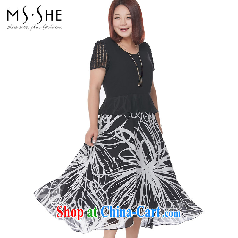 MsShe XL women summer 2015 new mm thick short-sleeved snow woven dresses beauty long skirt 6989 black 6 XL