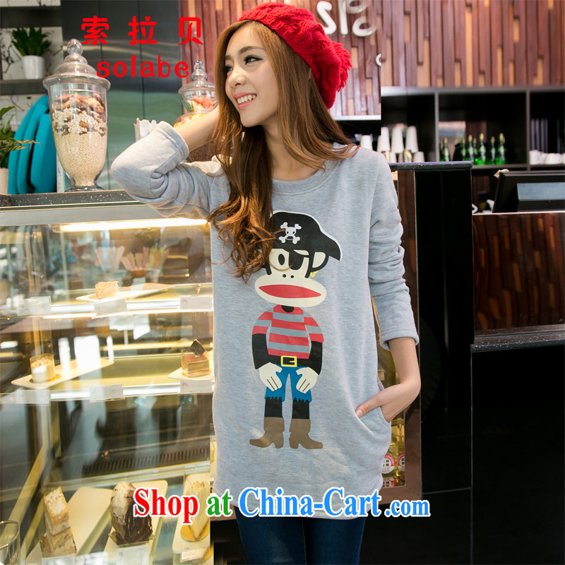 Solabe_the Addis Ababa autumn 2015 new Korean cartoon pirate monkey and ventricular hypertrophy, sweater thick mm round-collar long sweater girl 7567 light gray XXL