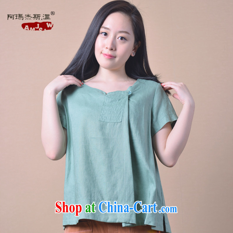The princess Jess, Wen original cotton MA design, art cotton Ma white shirt 2015 summer new linen shirt loose the code short-sleeve T-shirt green 175_XL spot